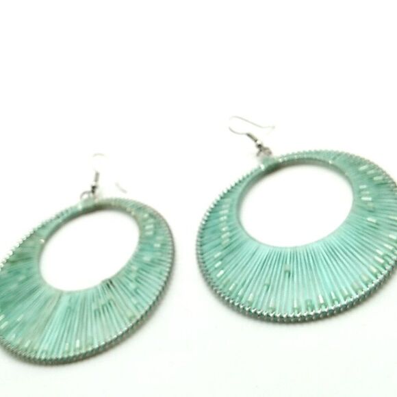 Green Thread-Wrapped Beaded Open Circle Drop Earrings - Picture 3 of 7